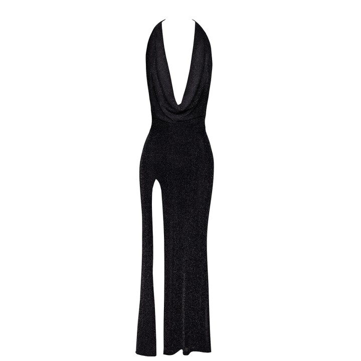 Robe longue fendue Onyx F373 - Noir Handmade